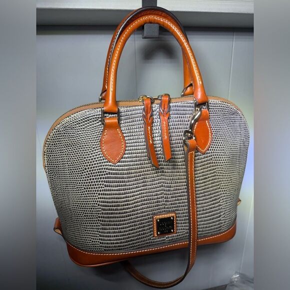Dooney & Bourke Lizard Embossed Satchel Gray Brown Bag w/ Strap 12”x9” Like New - Picture 4 of 17